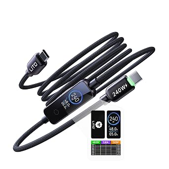 LITO 240W USB C to USB C Cable with TFT Touch Screen, PD 3.1 EPR Braided Fast Charging Cord for Power Monitoring, Compatible with iPhone 17/16/15, MacBook, Laptop, Galaxy, Pixel, Steam Deck, 4FT