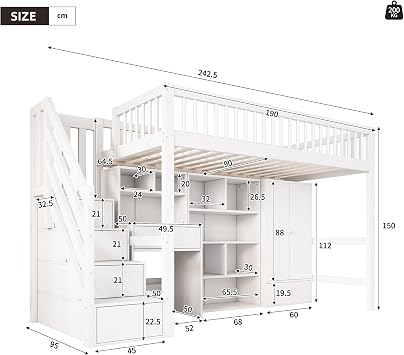 Su & Chan Legence High Sleeper Bed with Desk, Loft Bed with Wardrobe, Kids Single Bed with Storage Stairs and Shelves, Wooden Slatted Frame, No Mattress, 90 x 190cm, White
