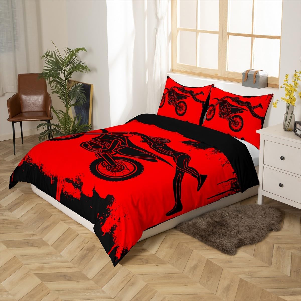 Erosebridal Dirt Bike Duvet Cover, Motocross Rider Comforter Cover Motorcycle Game Quilt Cover Full Size,Motorbike Extreme Sport Bedding Set for Kids Boys Teens Trendy Duvet Cover, Red Black