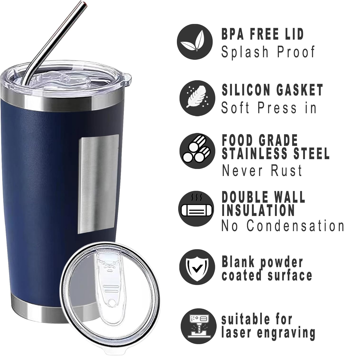 20oz insulted tumblers stainless steel cup Tumbler Bulk with push Lid, and metal straw powder coated coffee cup for cold and hot drinking (12, navy blue) - Image 3