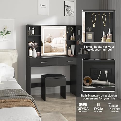 Miniatura 3 de Fameill Escritorio con espejo y luces, tocador de maquillaje con 5 cajones, escritorio de maquillaje con estación de carga y amplio almacenamiento,