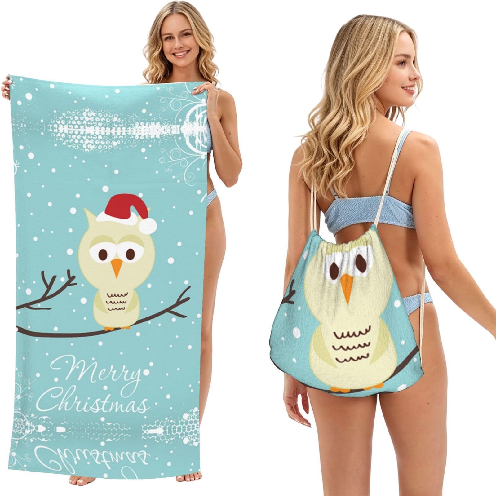 ESNAIUVCD Merry Christmas Print Beach Towel For Adults,Towel With Drawstring Bag, Travel Pool Swimming Sports Shower Sand Free Quick Dry Bath Towel For Pool, Beach, Yoga- 180x60cm