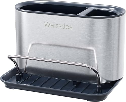 Miniatura 2 de Dispensador de jabón para fregadero de cocina, organizador de fregadero de cocina, soporte de esponja de acero inoxidable, fácil de limpiar, bandeja