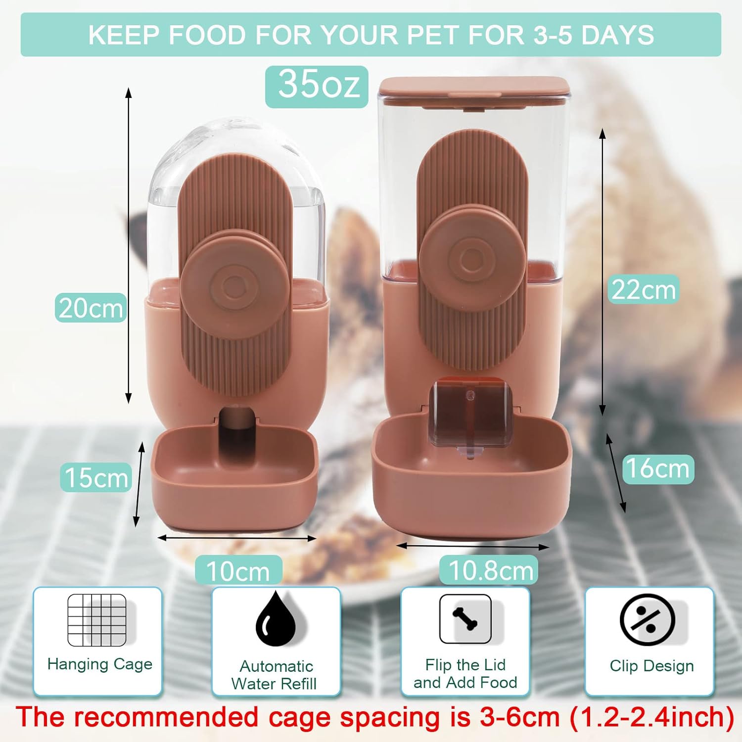 hanging automatic food water dispenser,gravity rabbit feeder and water dispenser set for bunny chinchilla guinea pig hedgehog ferret brown