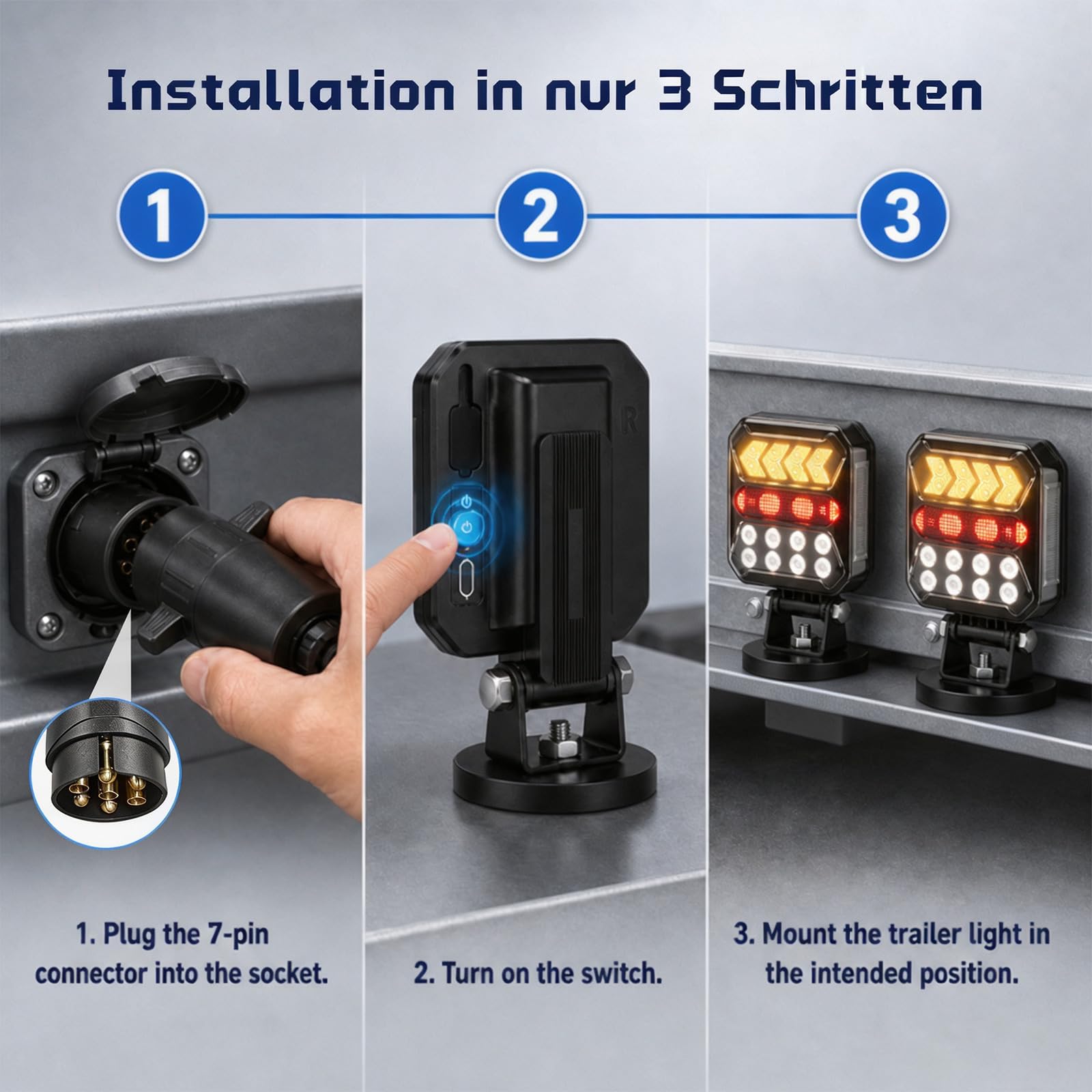 Fanali posteriori wireless per rimorchio, luci posteriori magnetiche a LED con luce di freno/lampeggiante/retromarcia, ricaricabile, 3000 mAh, inclinabile a 180°, IP67, impermeabile, 7 pin, per auto