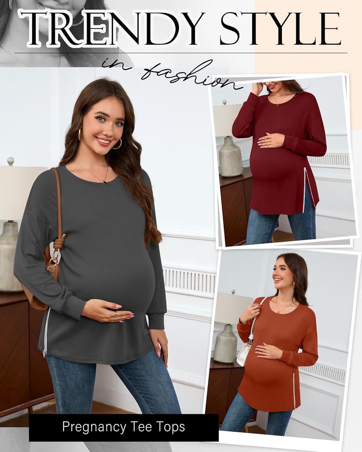 3 Pack Women's Maternity Shirts Long Sleeve T-Shirts Cotton Zipper Split Side Tops Casual Loose Pregnancy Clothes - Image 3