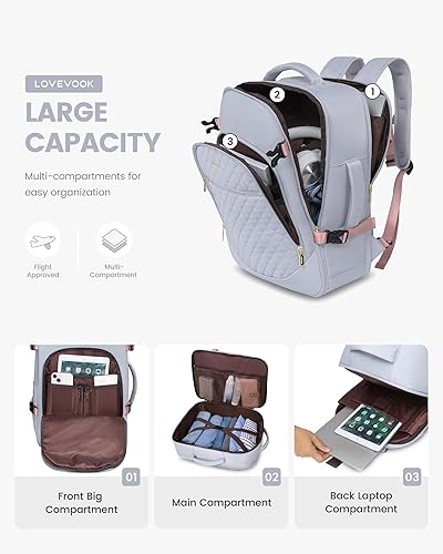 Miniatura 5 de LOVEVOOK Mochila de mano aprobada por vuelo, mochila de viaje para laptop de 35 litros para mujer, mochila grande con 3 cubos de embalaje.., Plata