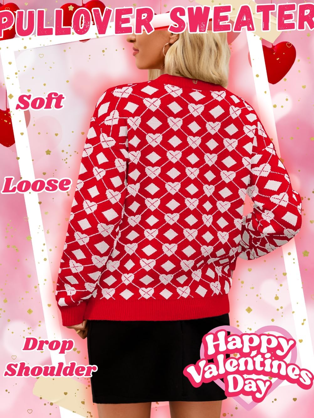 Heart Sweater,Diamond Patterned Valentines Sweaters for Women,Cute Vday Crewneck Knit Tops - Image 4