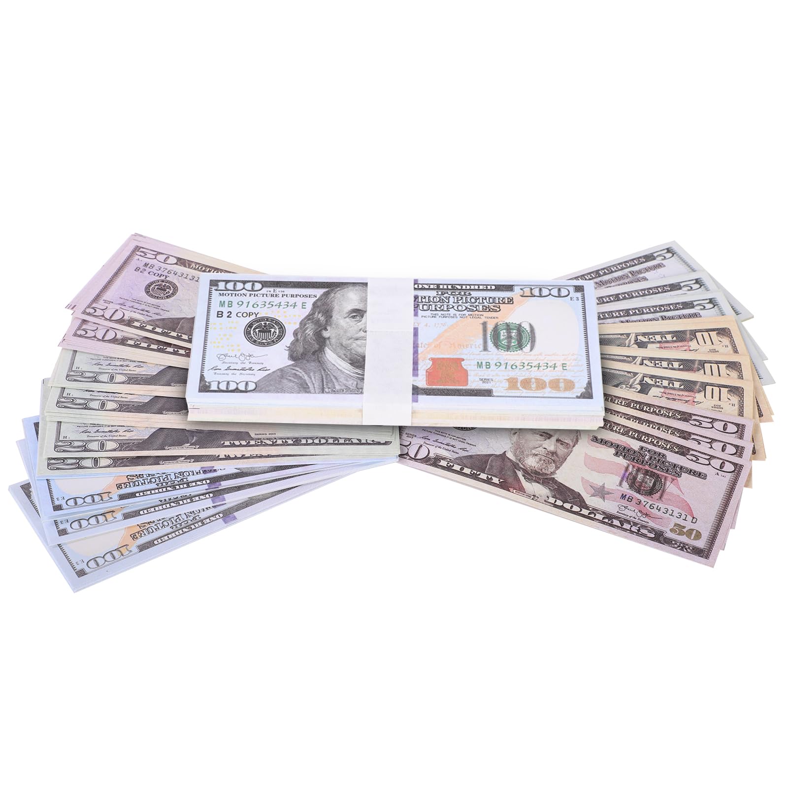 100 PCS Prop Money, Fake Money Dollar Stacks Play Money for Educational Learning, 5 10 20 50 100 Dollar Bills for Advertising, Pranks, Games, Party(With "Copy" Watermark)