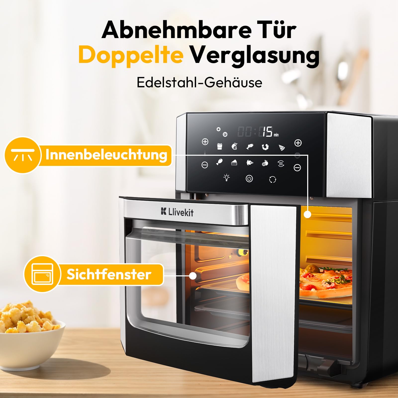 LLIVEKIT 15L XXL Heißluftbackofen, 10 in 1 Heißluftfritteuse, Mini Backofen mit Umluft 1800W, 3 Etagen, Drehspieß, 7 Zubehörteile, 90% weniger Öl, abnehmbare Tür, spülmaschinenfest, PFOA-frei