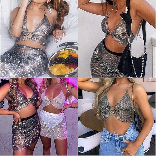 Miniatura 4 de Camiseta corta sin espalda con diamantes de imitación brillantes para mujer, sexy, halter, transparente, para salir por la noche, fiesta, club