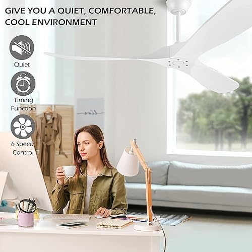 Miniatura 4 de Ventiladores de techo de 60 pulgadas sin luz, ventilador de techo de madera con control remoto y 3 cuchillas, ventiladores de techo interiores y