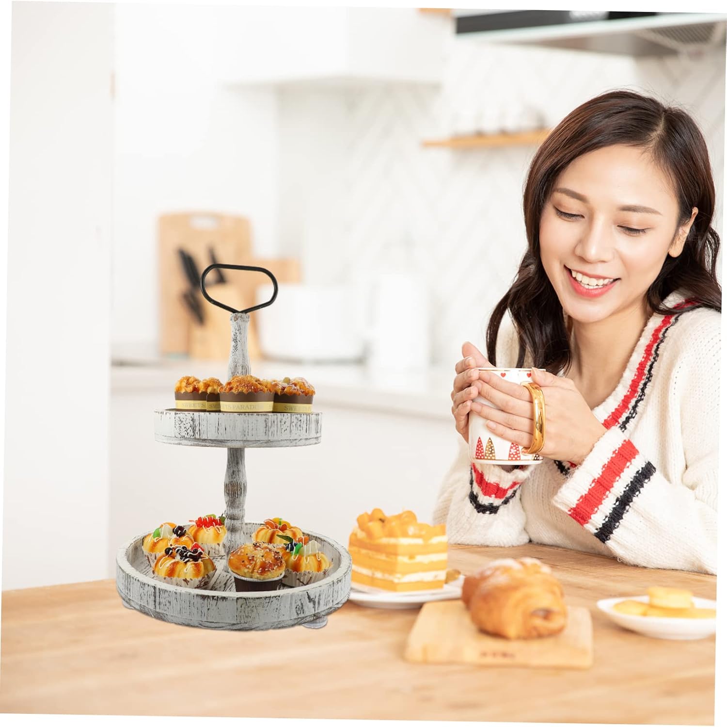 LABRIMP Rustic Two-tiered Serving Tray Round Wooden Cake Stand for Farmhouse Kitchen Decor for Displaying Snacks and Treats at Home Gatherings