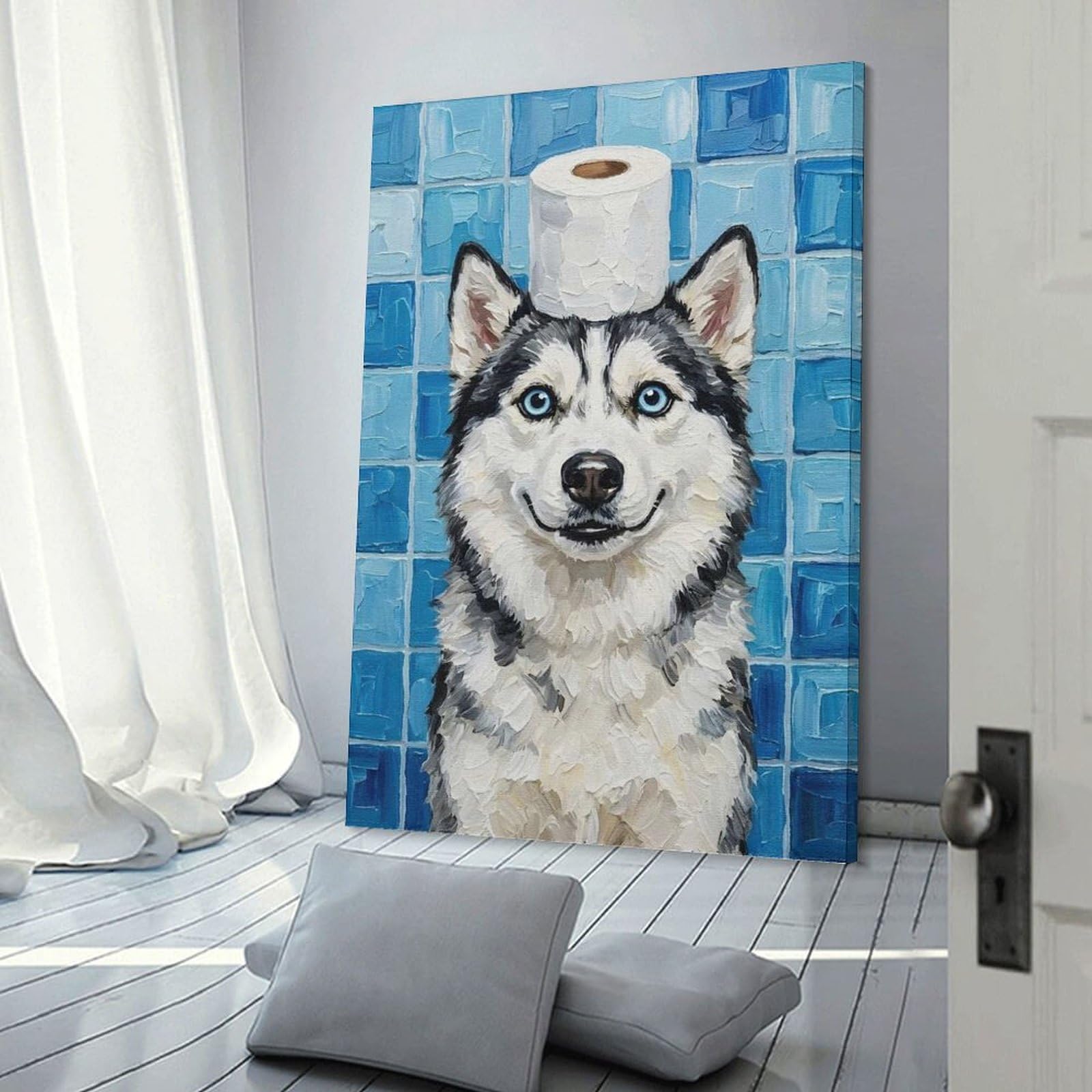 Junmoney Frame-Style-8 Decorative Wall Artwork Husky With Toilet Paper Hat, 20X30inch(50X75cm), For Lounge, Bedroom Or Personal Spaces, Thoughtful Wall Decor For Art Lovers