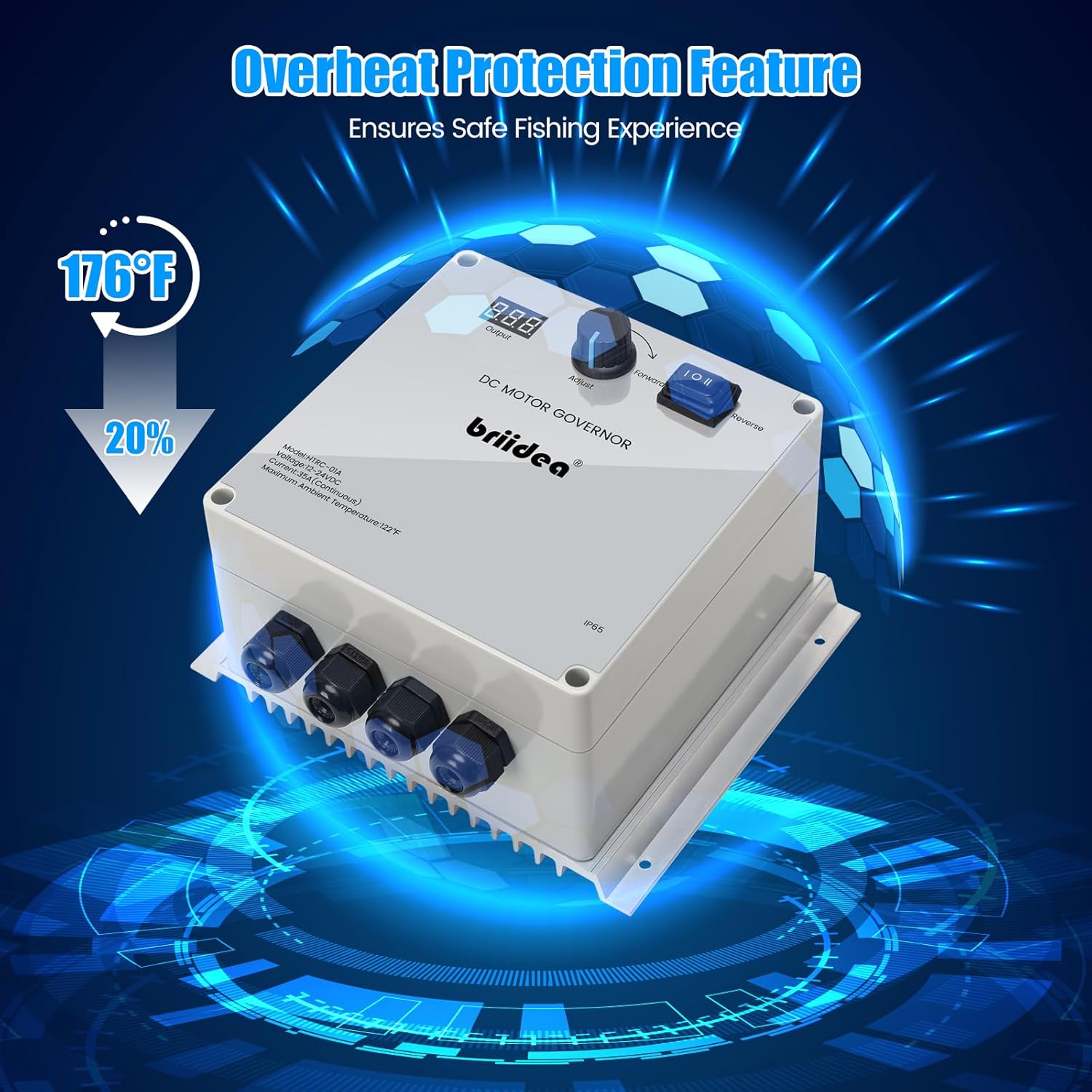 PWM Controller (2nd Generation), Briidea 12V-24V 35A DC Motor Speed Controller with Forward, Brake & Reverse Switch, Over-Temperature Protection & Enhanced Heat Dissipation for 55 lbs Trolling Motors
