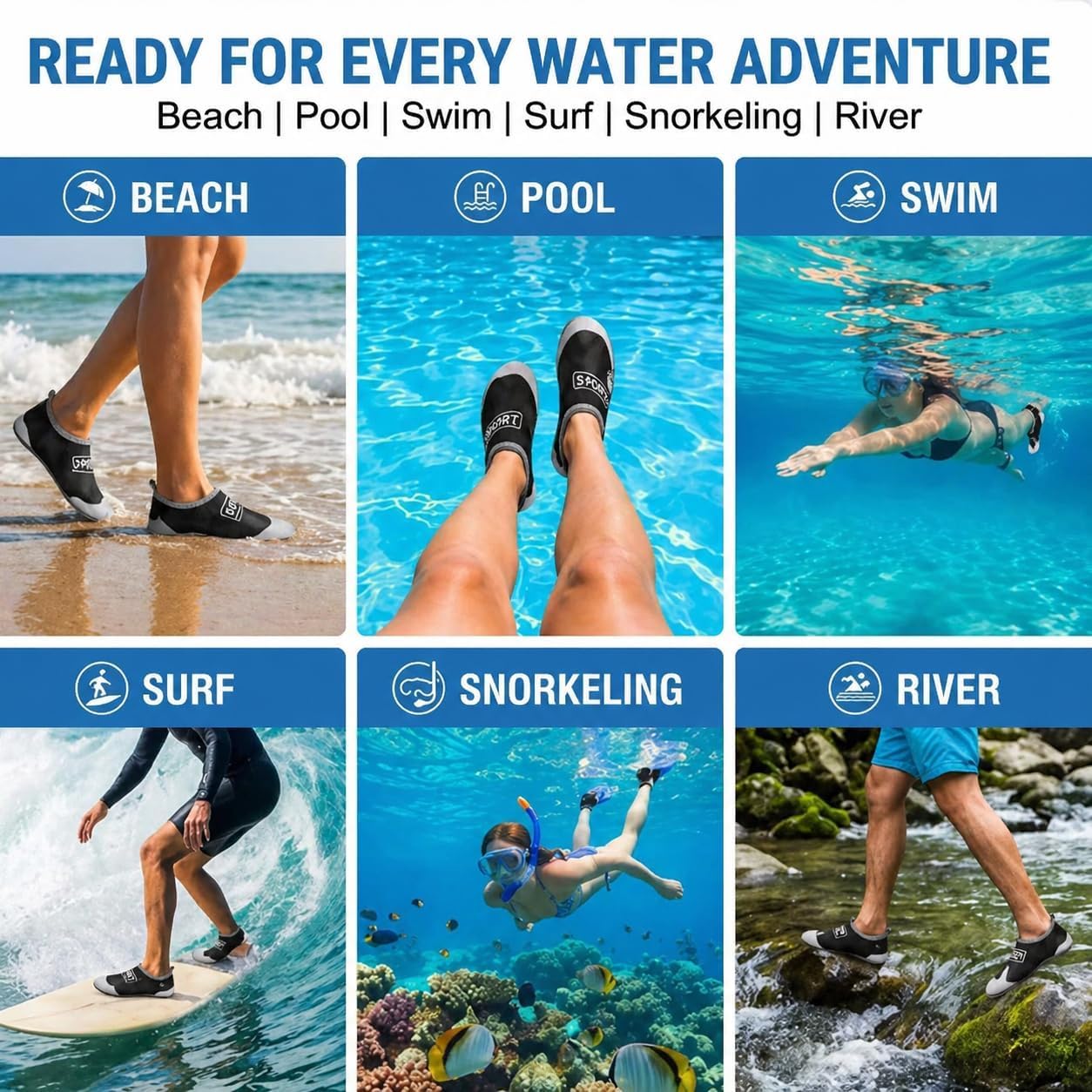 Sport Water Shoes for Men Women, Anti-Slip Quick Dry Swim Shoes for Pool Beach Black