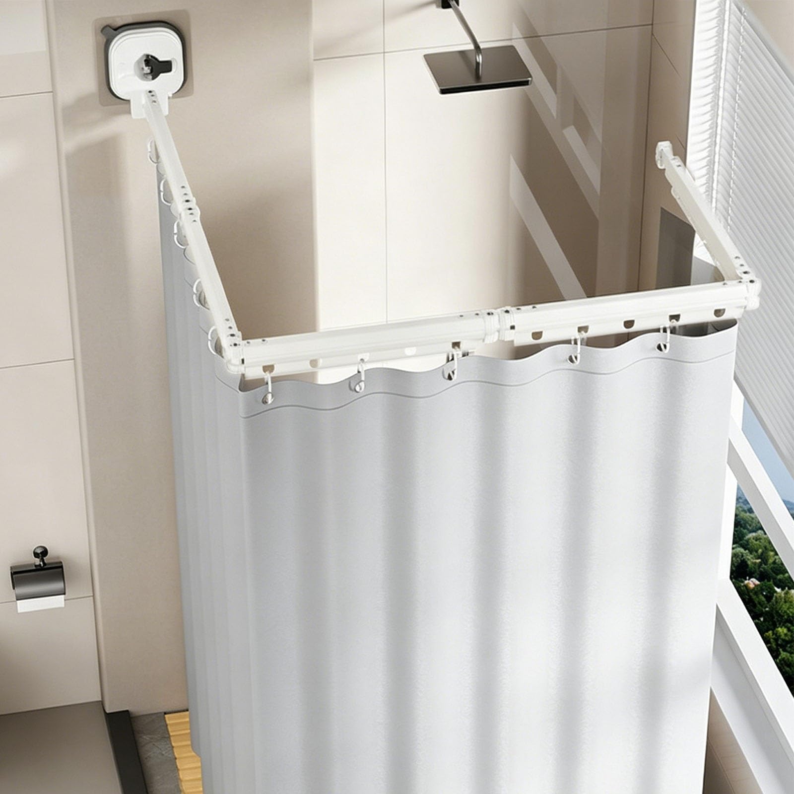Tringle à rideau de douche pliable réglable à 5 volets avec fixations ventouses étanches