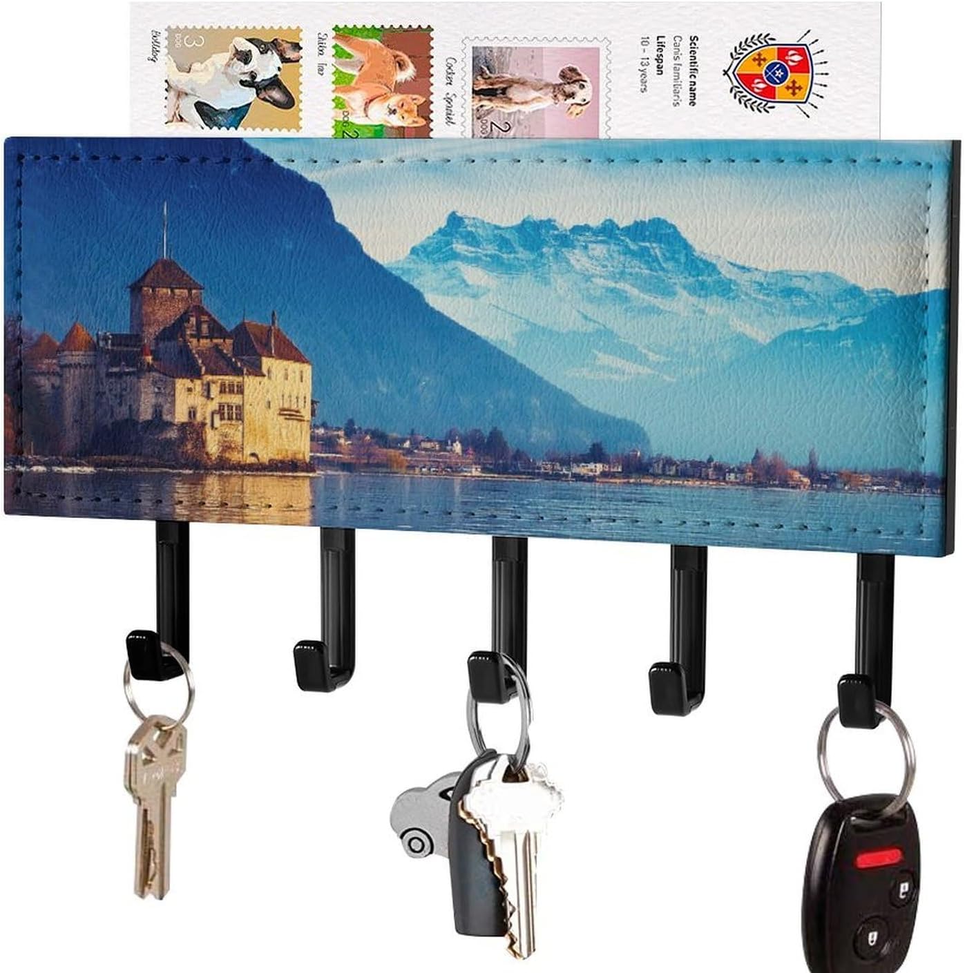 Key Holder Wall Mount Key Hanger with 5 Hooks, Decorative Key Rack | Lake Geneva Switzerland Hanging Key Hooks with Mail Organizer for Wall Living Room Kitchen Bathroom Hallway