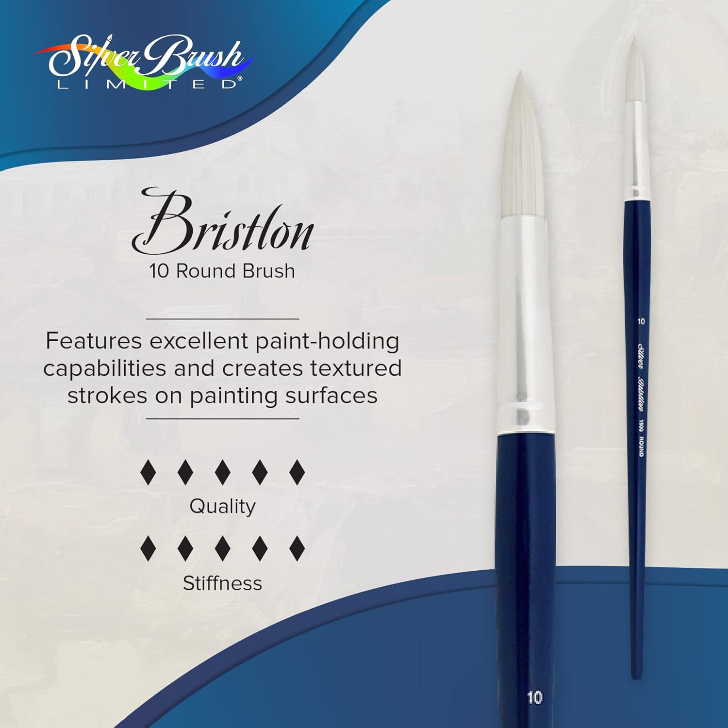 Silver Brush Limited 1900-10 Bristlon Round Paintbrush for Oil, Acrylic, and Heavy Body Paints, Size 10, Long Handle