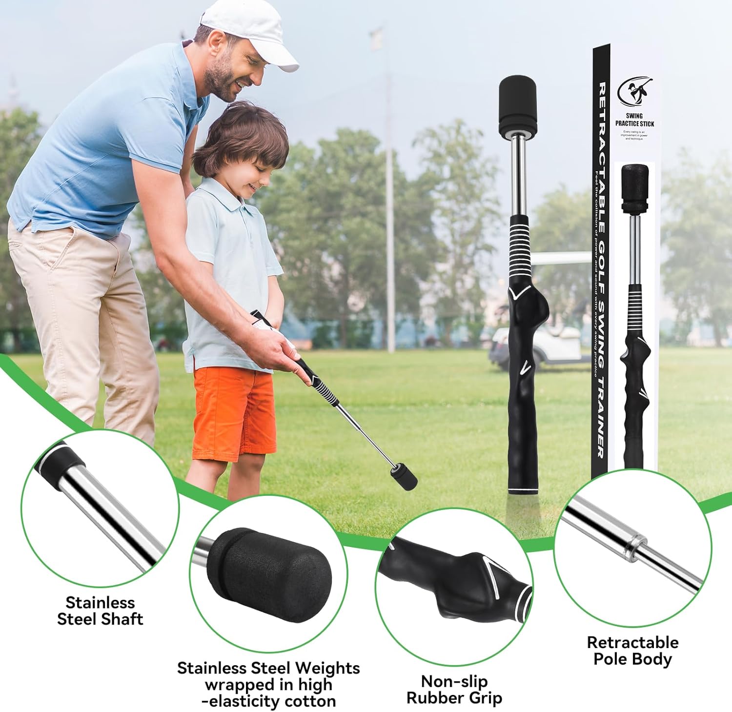 MIKOSI Golf Swing Training Aid, Retractable Golf Grip Trainer for Golf Training, Golf Swing Trainer with Arm Band for Warm-up, Right-Handed Grip Trainer Golf Club for Indoor & Outdoor Use