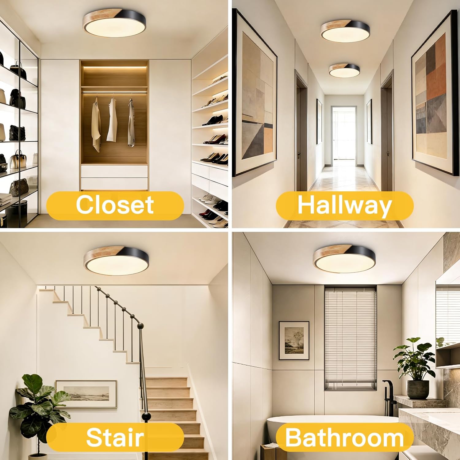 Modern Flush Mount Ceiling Light, Wood Ceiling Light Fixture, Warm White 3000K Not Dimmable, Minimalist Ceiling Lamp with Acrylic Lampshade for Bedroom, Living Room, Hallway(Black, 11.8")