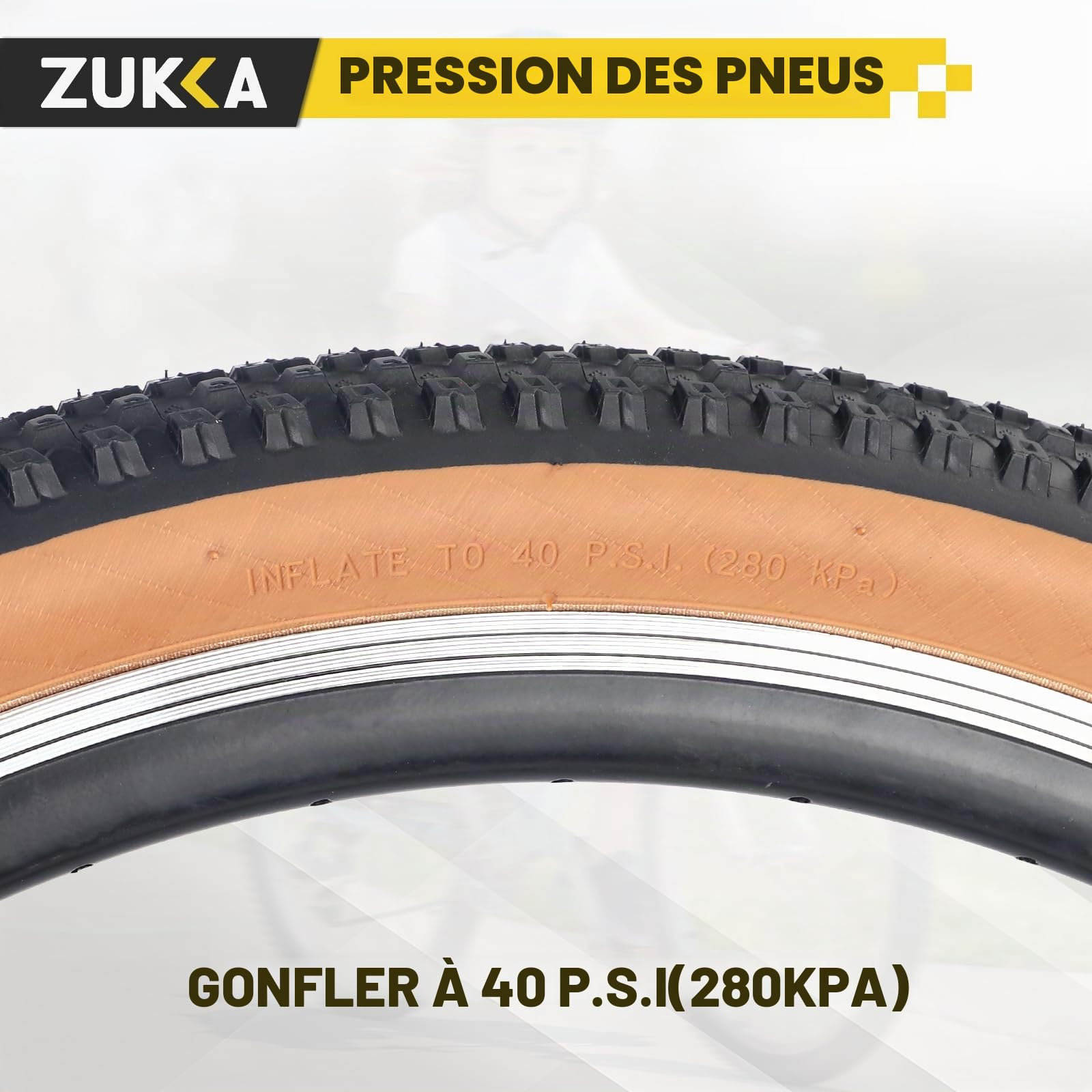 ZUKKA Lot de 2 pneus de vélo de montagne pliables 24/26/27,5/29 x 2,125 pour VTT, enfants, marron