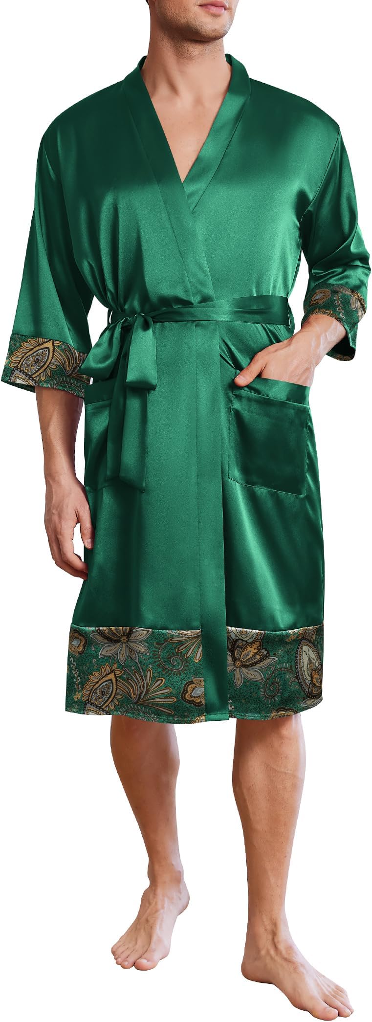 Mens Satin Robe Lightweight Silky Kimono Bathrobe 3/4 Sleeve Spa Knee Length Loungewear with Pockets S-3XL