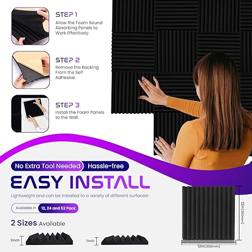 Miniatura 5 de Paneles de pared autoadhesivos de 1 x 12 x 12 pulgadas (paquete de 52) paneles de espuma a prueba de sonido para paredes, a prueba de sonido