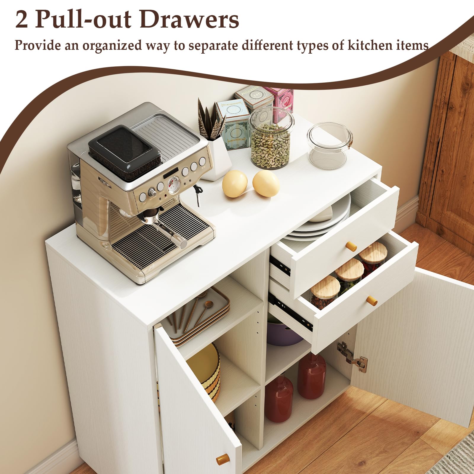 KOMFOTTEU Mobile Dispensa con 2 Cassetti, Credenza da Cucina con 2 Ante, Mobiletto Basso con 3 Ripiani Regolabili, Armadio a Buffet per Sala da Pranzo, Soggiorno, 74x35x85,5 cm(L x P x A) (Bianco)