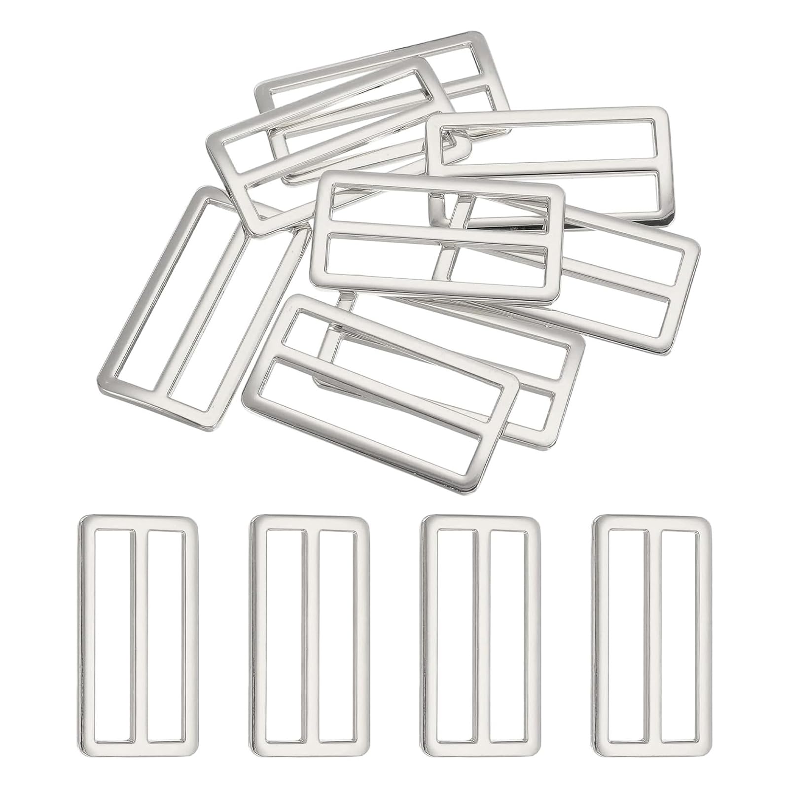 Unifizz 8pcs Flat Metal Slide Buckles 1" 1.2" 1.5" 2" Adjustable Webbing Strap Fastener, Slider Adjuster for Pet Collars, Bag Straps and DIY Sewing, Silver