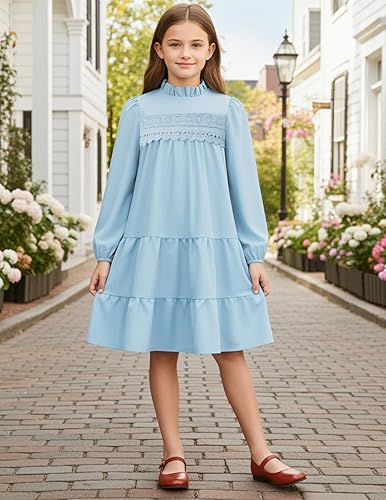 Sunny Spirit Girl's Long Sleeve Dress Tween Fall Formal Party Midi Tiered Flowy Swing Dresses 5-14 Year(Blue,13-14 Years)