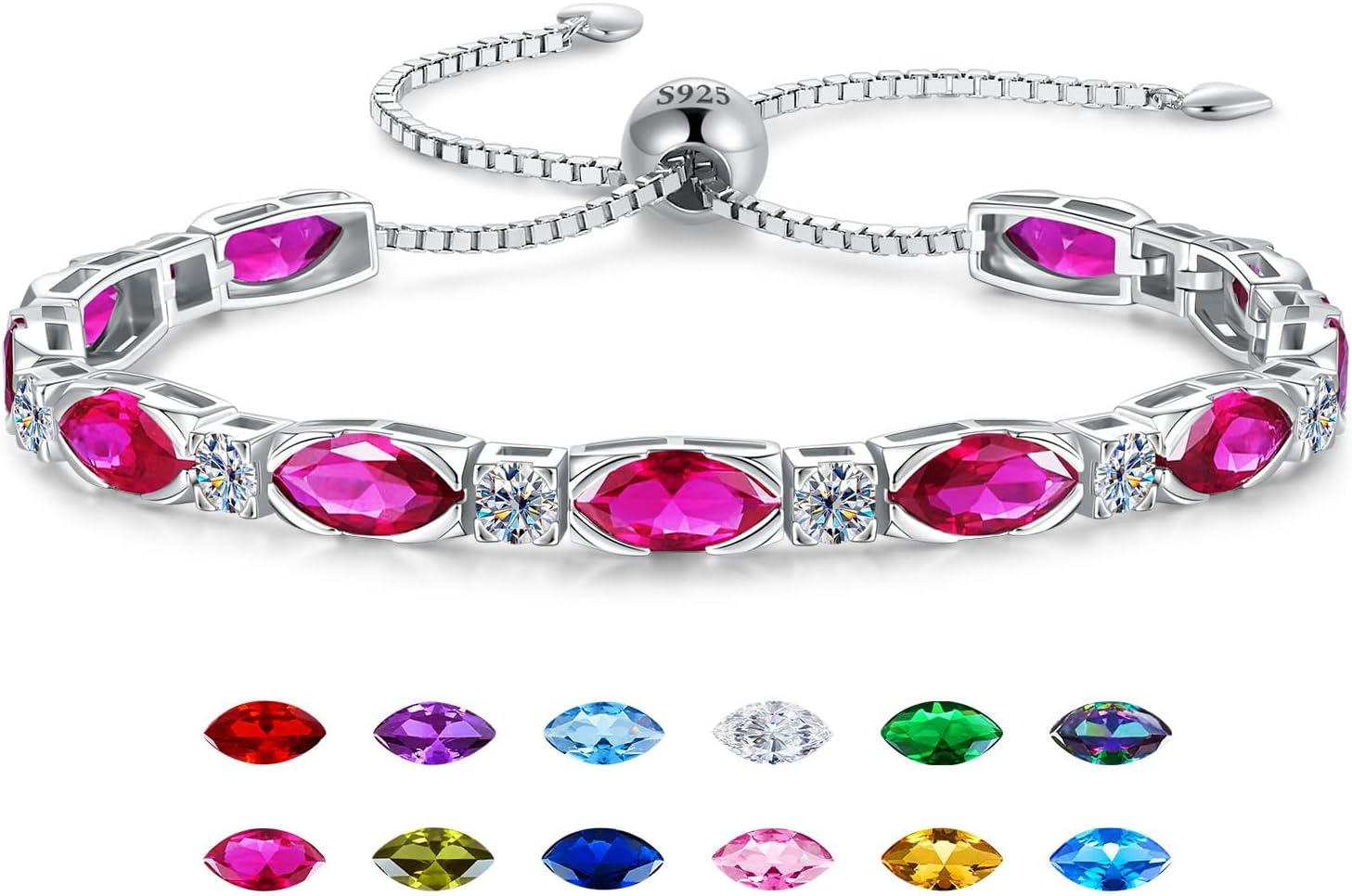 Marquise Birthstone Bracelet for Women, Sterling Silver Evil Eye Bracelet, Birthday Gifts for Wife Mom