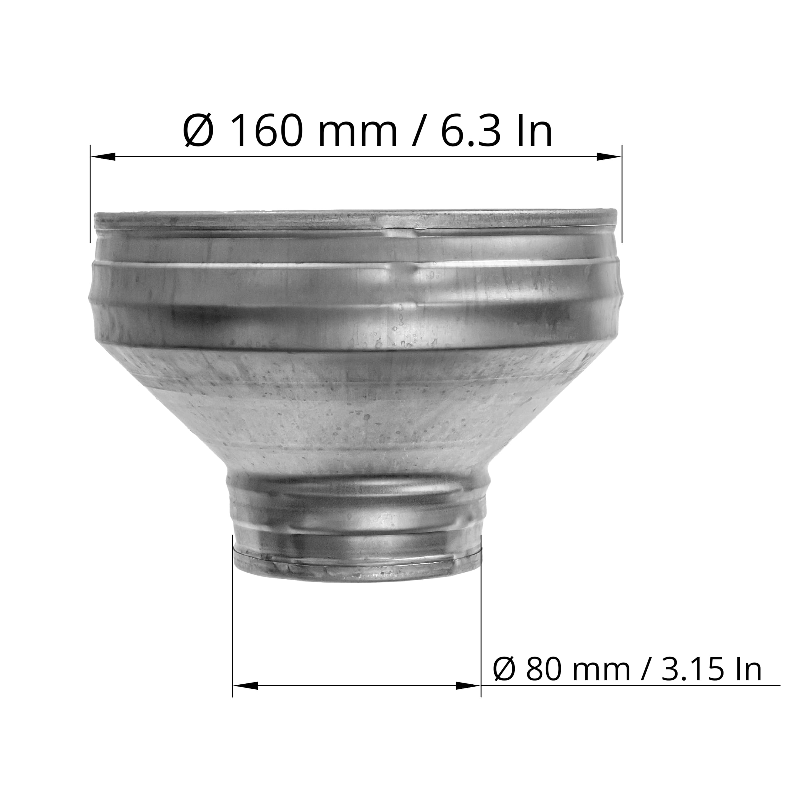 Réducteur de conduit de 160 à 80 mm avec joint en caoutchouc - Réducteur de conduit rond en acier galvanisé (drain, évacuation et ventilation)