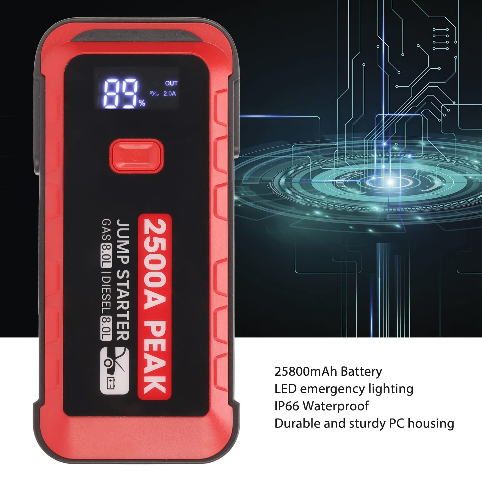 2500A Peak 25800mAh Urządzenie do Uruchamiania Awaryjnego Samochodu, Zestaw Wspomagający Akumulator Samochodowy, Przenośna ładowarka Power Bank z Szybkim ładowaniem USB 3.0,