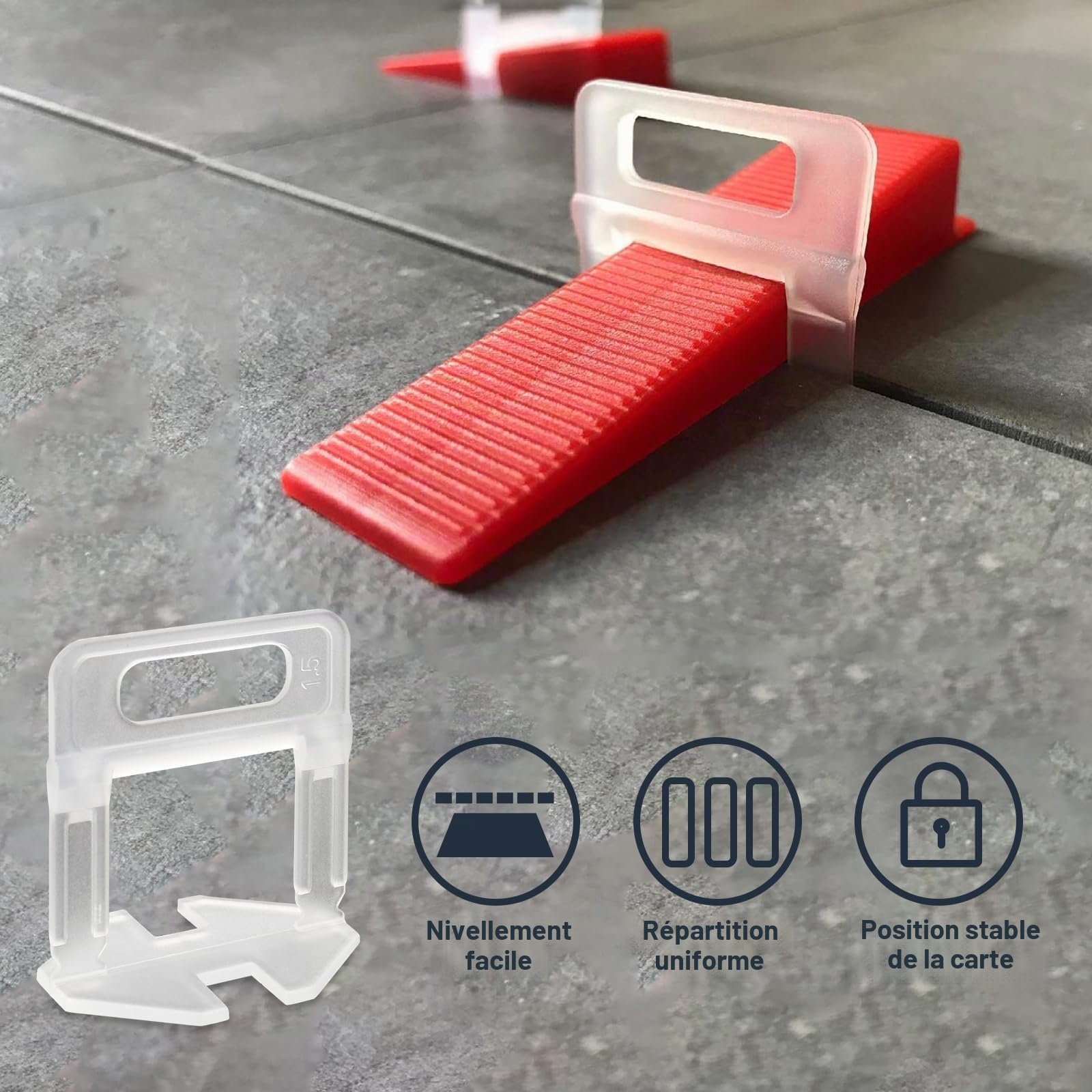 Système de Nivellement de Carrelage, Lot de 1000 Languettes de Traction, Largeur de Joint de 1,5 mm, Outil de Pose pour Carrelage de 3 à 15 mm de Hauteur, Aide à la Pose