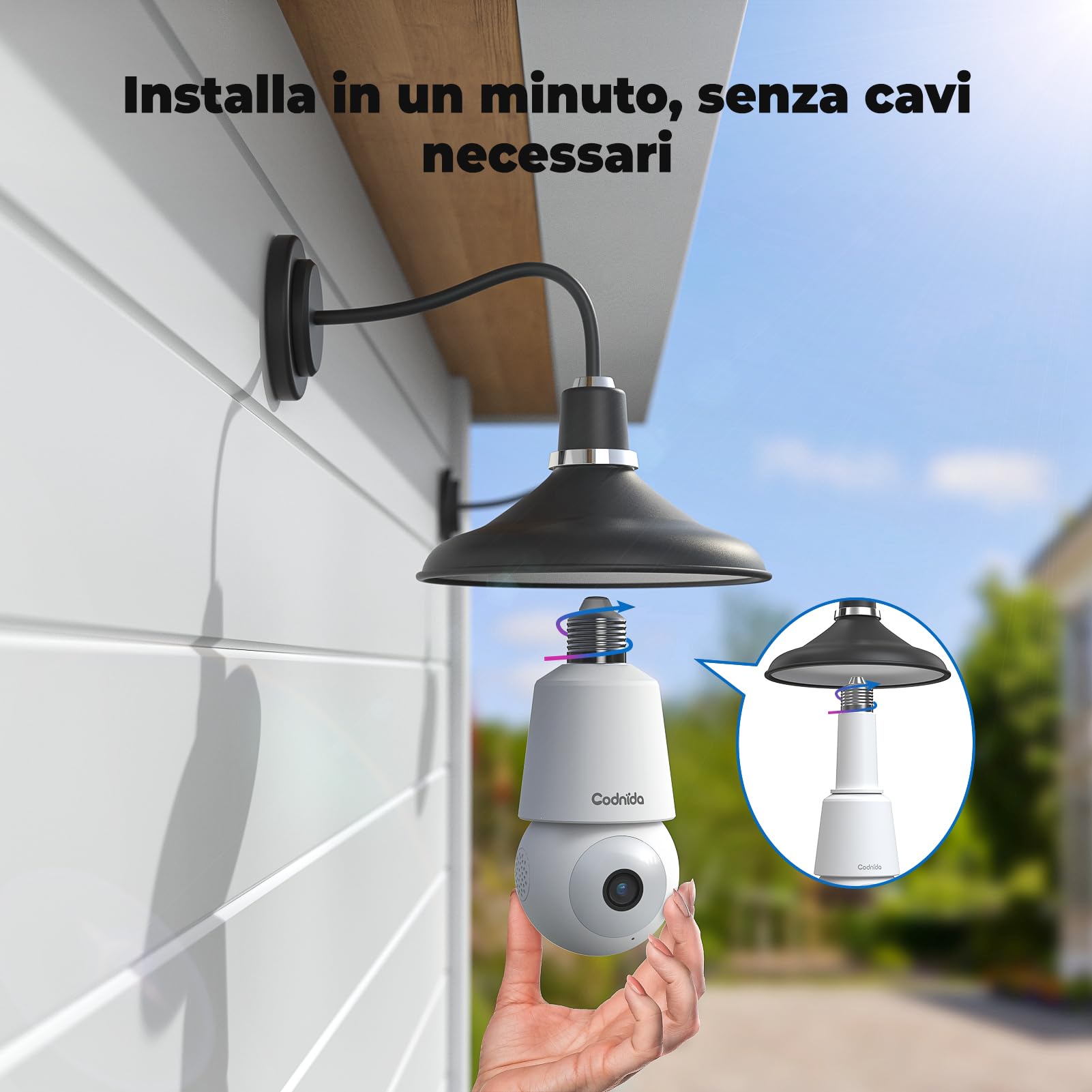 Codnida 2K Telecamera Lampadina WiFi Esterno per E27 Portalampada, PTZ Videocamera di Sorveglianza con Allarme Sonoro e Luminoso, Tracciamento del Movimento, visione notturna a colori, LC323