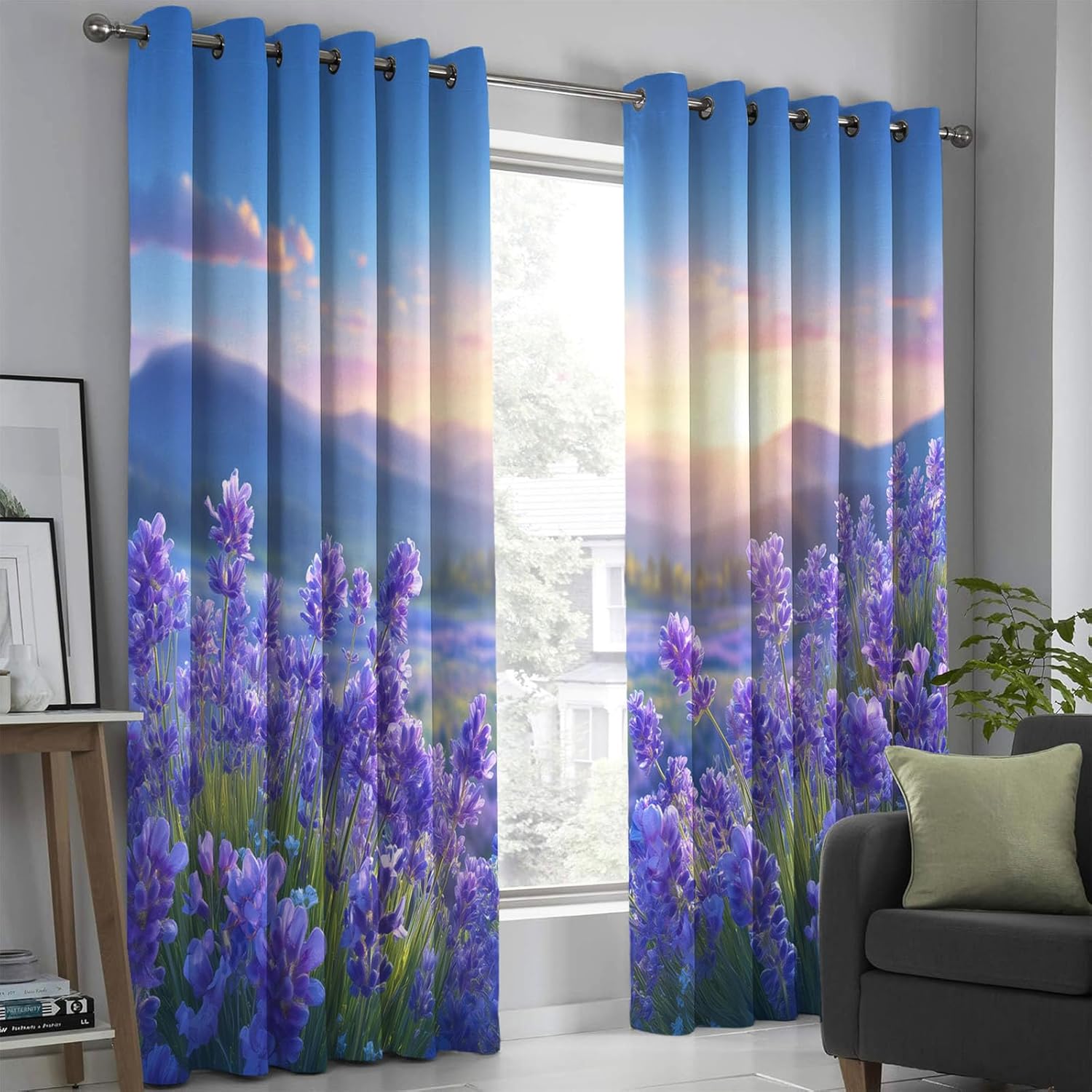 Sky Blue Rustic Lavender Blackout Curtains 2 Panels Set Dreamy Mountain Landscape Grommet Curtain Thermal Insulated Window Drapes Treatments for Farmhouse Living Room Bedroom 52 X 45 Inch