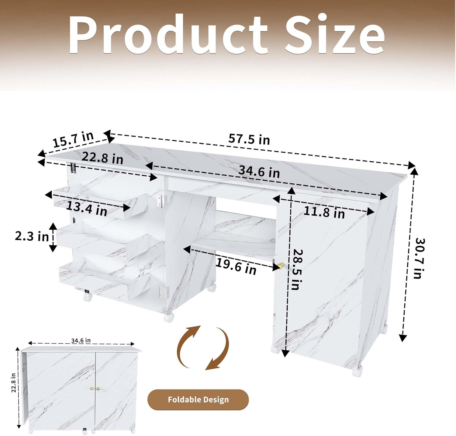 4-in-1 Folding Sewing Table with Storage, Sewing Desk Foldable with Lockable Wheels & Power Socket, Sewings Machine Cabinet & Craft Desk with Shelves, Compact Design (57 Inch)
