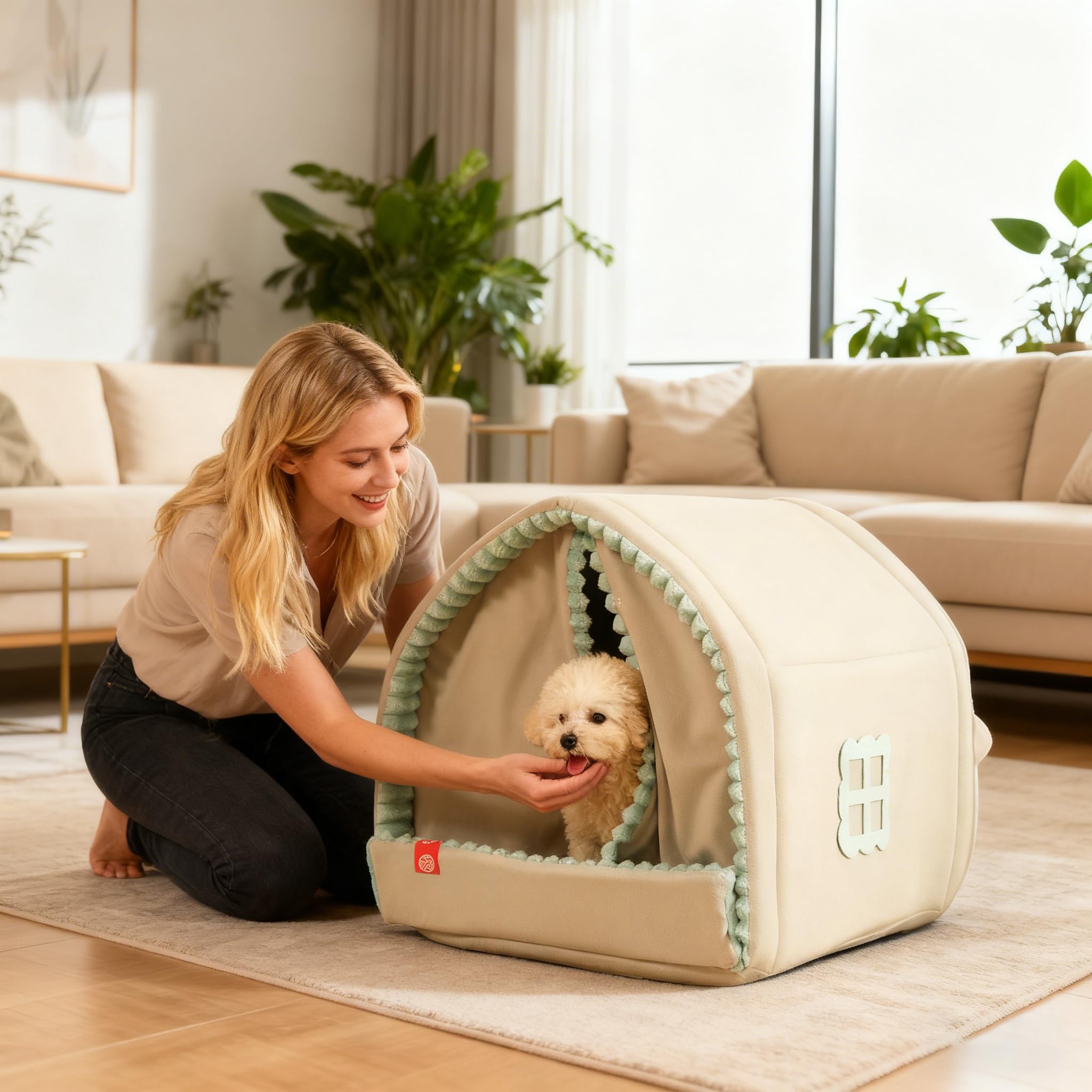 PETCUTE Cuccia per Gatti da Interno,Morbidi e Caldi,Letto per Cuccioli con Tende per Porte,Lavabile,Cuccia Gatto Chiusa con Fondo Antiscivolo,Casa Pieghevole per Gatti,per Piccoli Animali Domestici,L