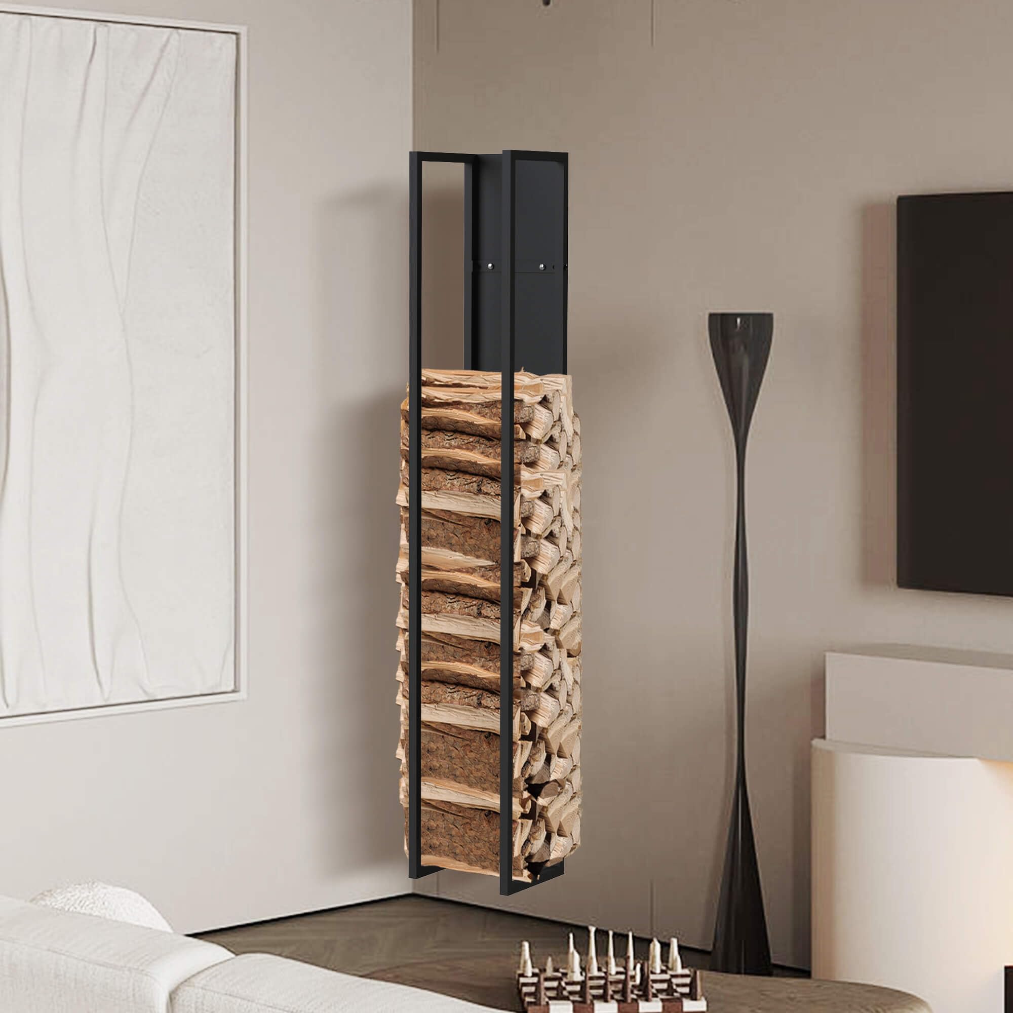 KAMINHOLZREGAL Innen Metall Schwarz mit Rückwand an der Wand Hängend