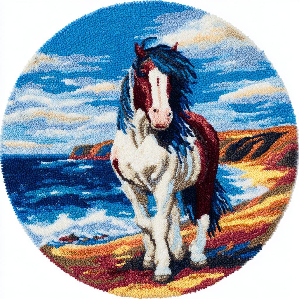 Ambattery Latch Hook Rug Kits-D Round Latch Hook Kits Pre-Printed Rug,Animal Horse