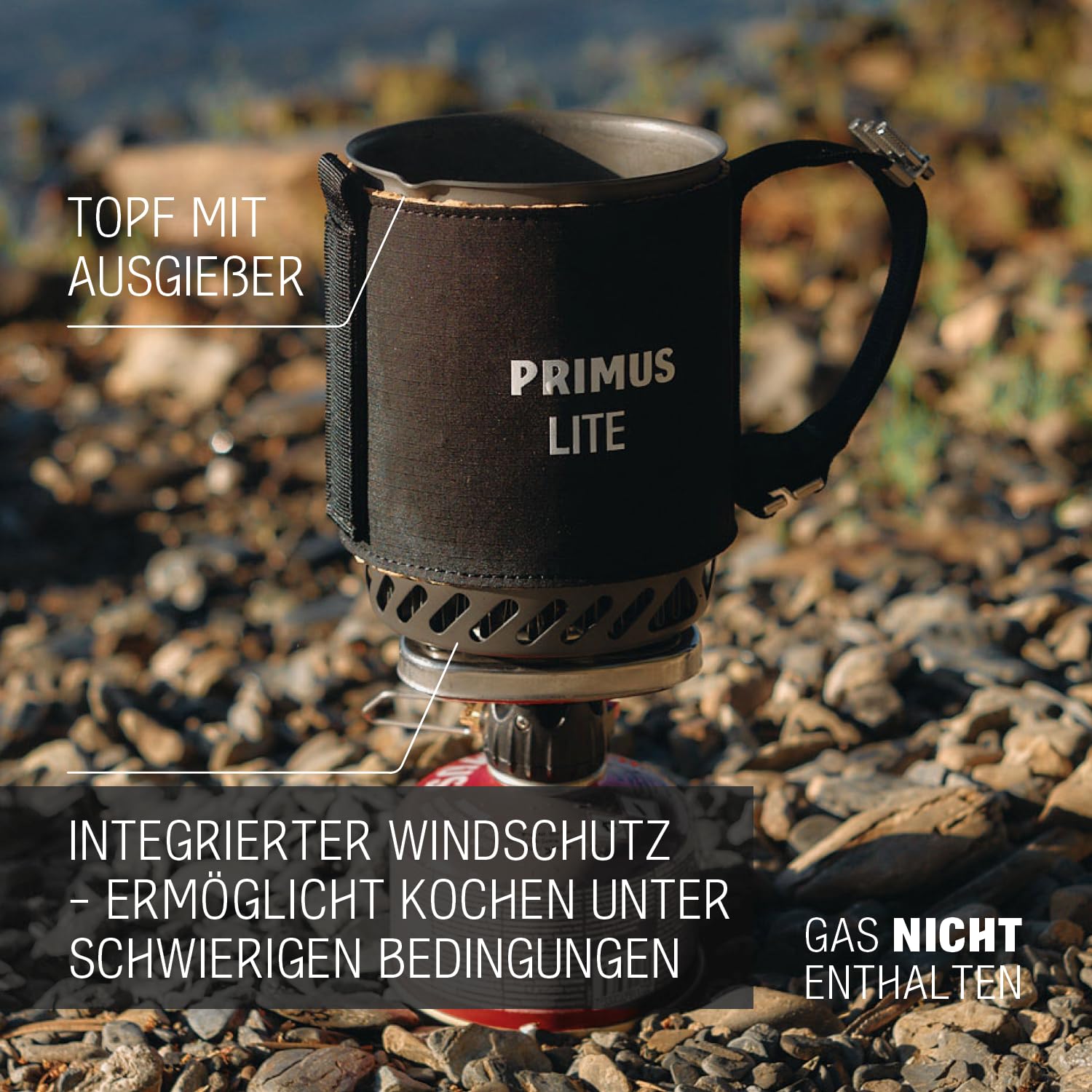 Primus Camping Gaskocher Outdoor - 10x15 cm - 0,5L - 350g - 1500W Flamme - Aluminiumtopf mit isolierterTopfschutzhülle - Primus Outdoor Gaskocher mit Windschutz und integriertem Wärmetauscher