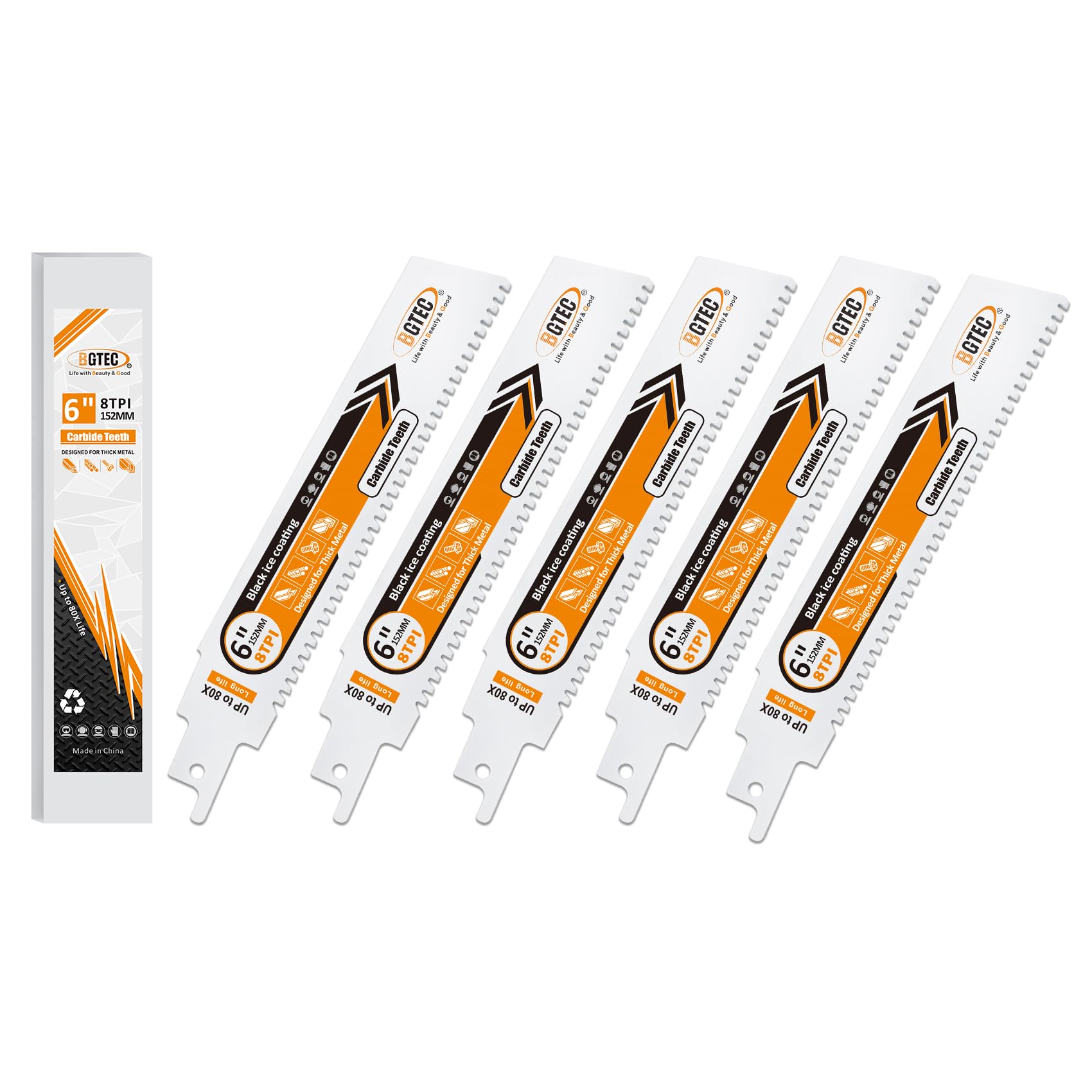 BGTEC Carbide Reciprocating Saw Blade for Hard Metal, Alloy Steel, Reinforcing Bars and Angles 152MM 8TPI, 5-Pack