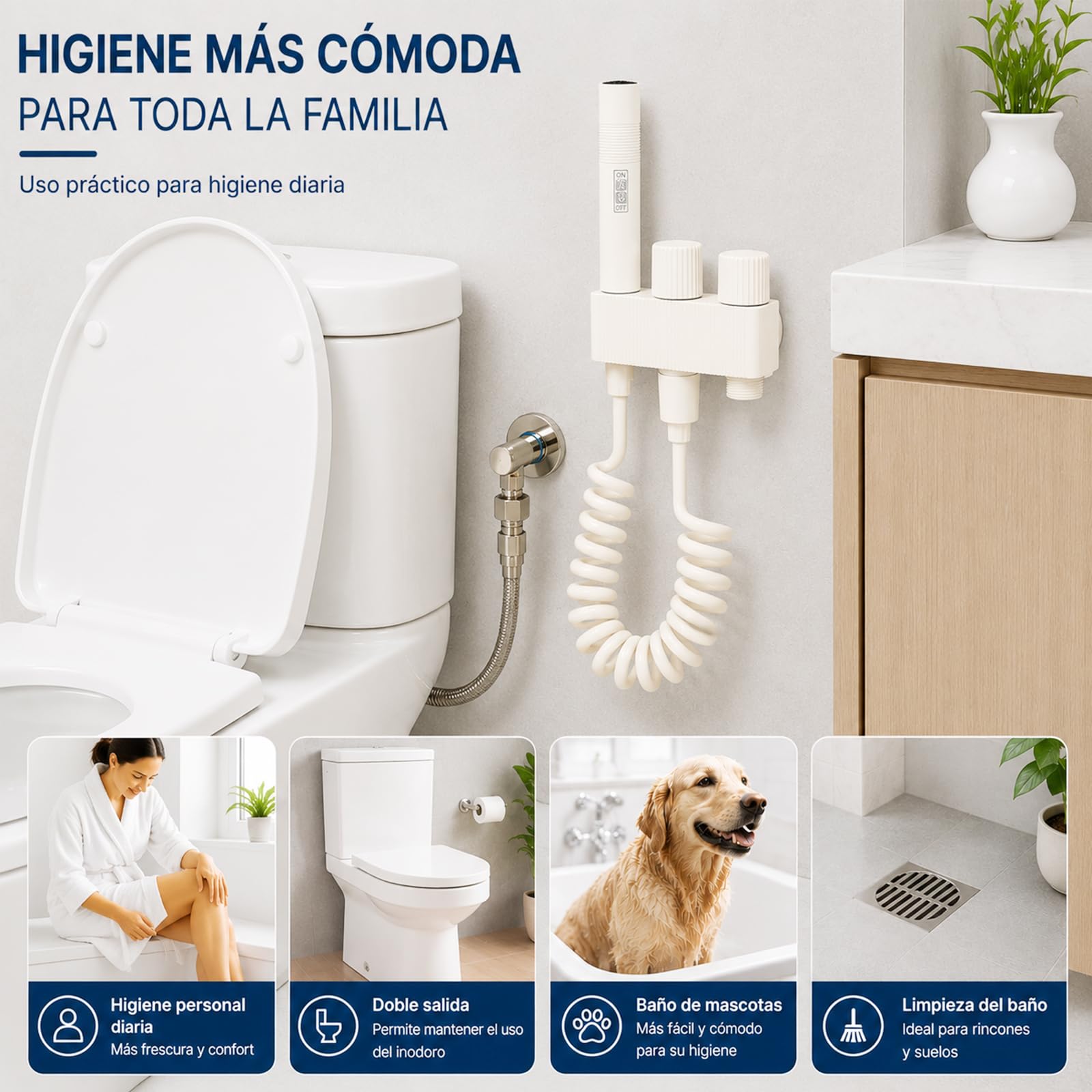 Ducha Higiénica WC con Doble Válvula, Marfil Mate | ociador ON/OFF | Manguera espiral 1,5 m | Bidé WC | Doble válvula independiente | Limpieza del WC