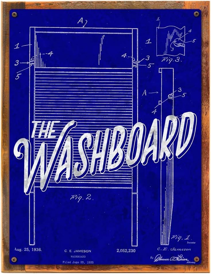 WoodFramed Washboard Patent Blueprint Metal Sign for
