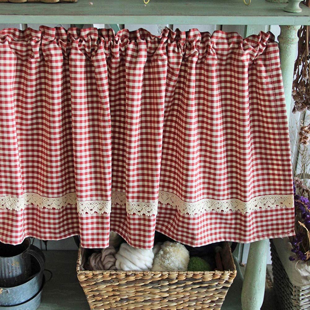 SERENEPEAK Short Curtains, Checkered Kitchen Short Curtain, Window Curtain Valance, Rod Pocket Window Half Curtain, Lace Decoration, Red/Blue(Blue,W130*H40CM(W51*H16inch))
