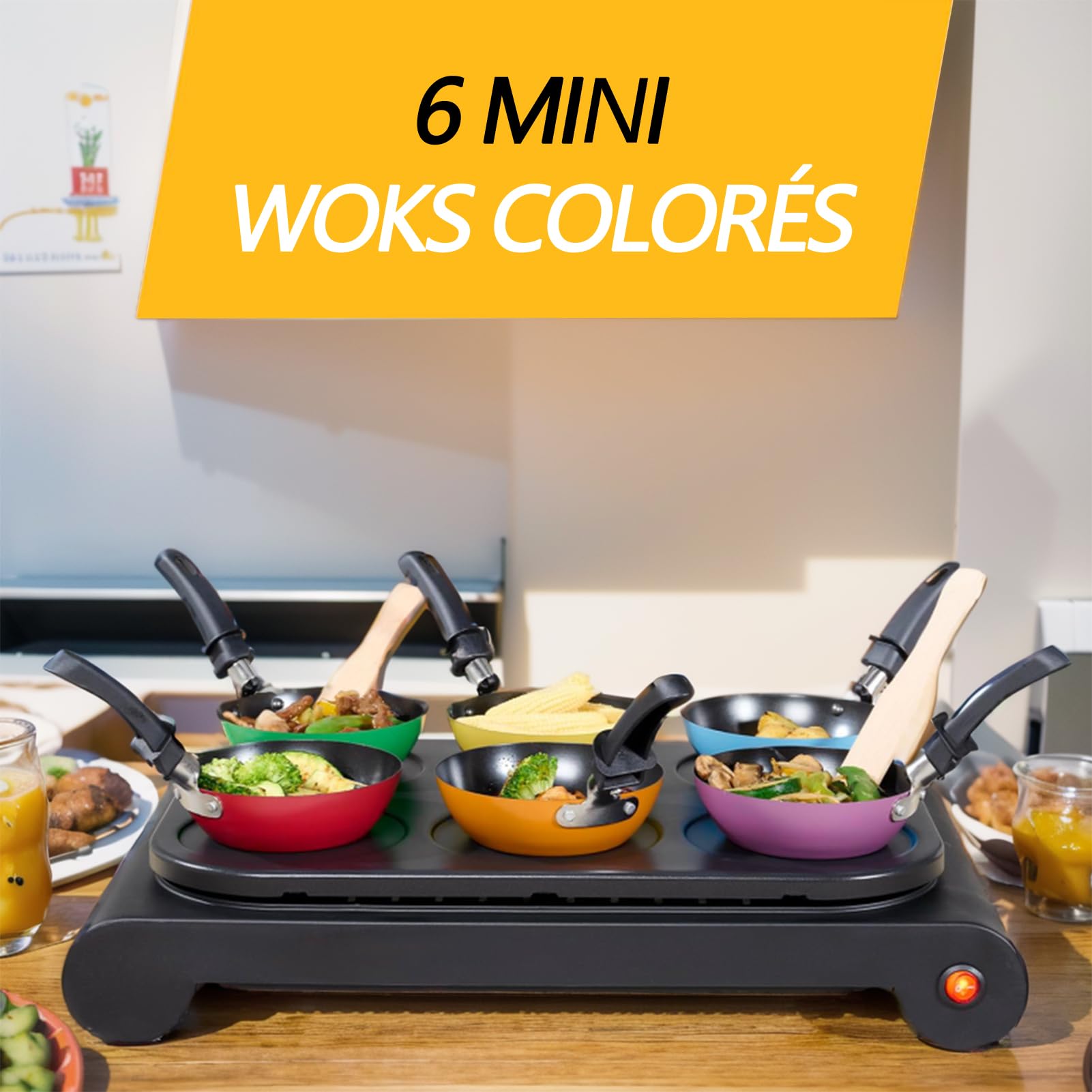 Mini Wok Party Set 6 Pièces Ø12cm Revêtement Antiadhésif Small Wok avec Isolation Poignée pour le Tablegrill Mini Crépière