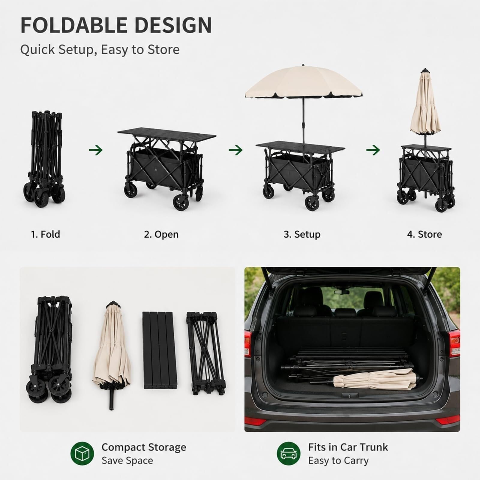 Stand for mercato agricolo con ombrellone e contenitore ad alta capacità | Carrello da campeggio portatile su ruote, ideale for picnic all'aperto, vendita di dessert e vendita di cibi pronti
