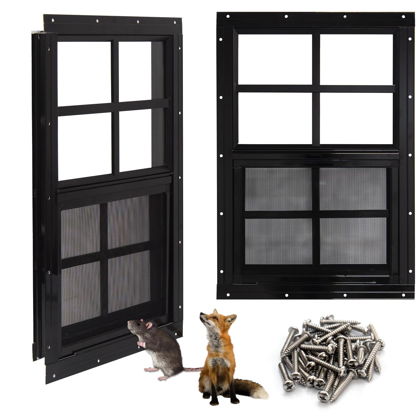 Photo 1 of NeatiEase Upgraded Shed Windows 2 Pack, 24" x 36" Windows with Tempered Glass and Stainless Steel Screen for Shed, Chicken Coop, Playhouse, Household, Garage(Black)
