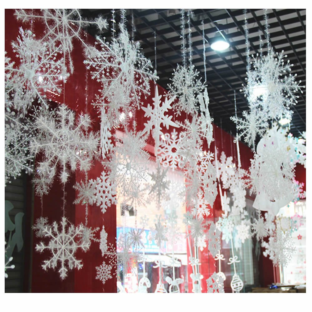 ORYOUGO White Glittered Snowflakes,Pack of 24 Plastic Snowflakes Christmas Ornaments String Hanger for Decorating, Wedding and Embellishing -S,M,L Hanging Snow Flakes